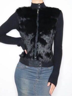 🐇🐰👯‍♀️♟️Y2K Black Dyed Rabbit Fur Front Knit Sleeve Jacket